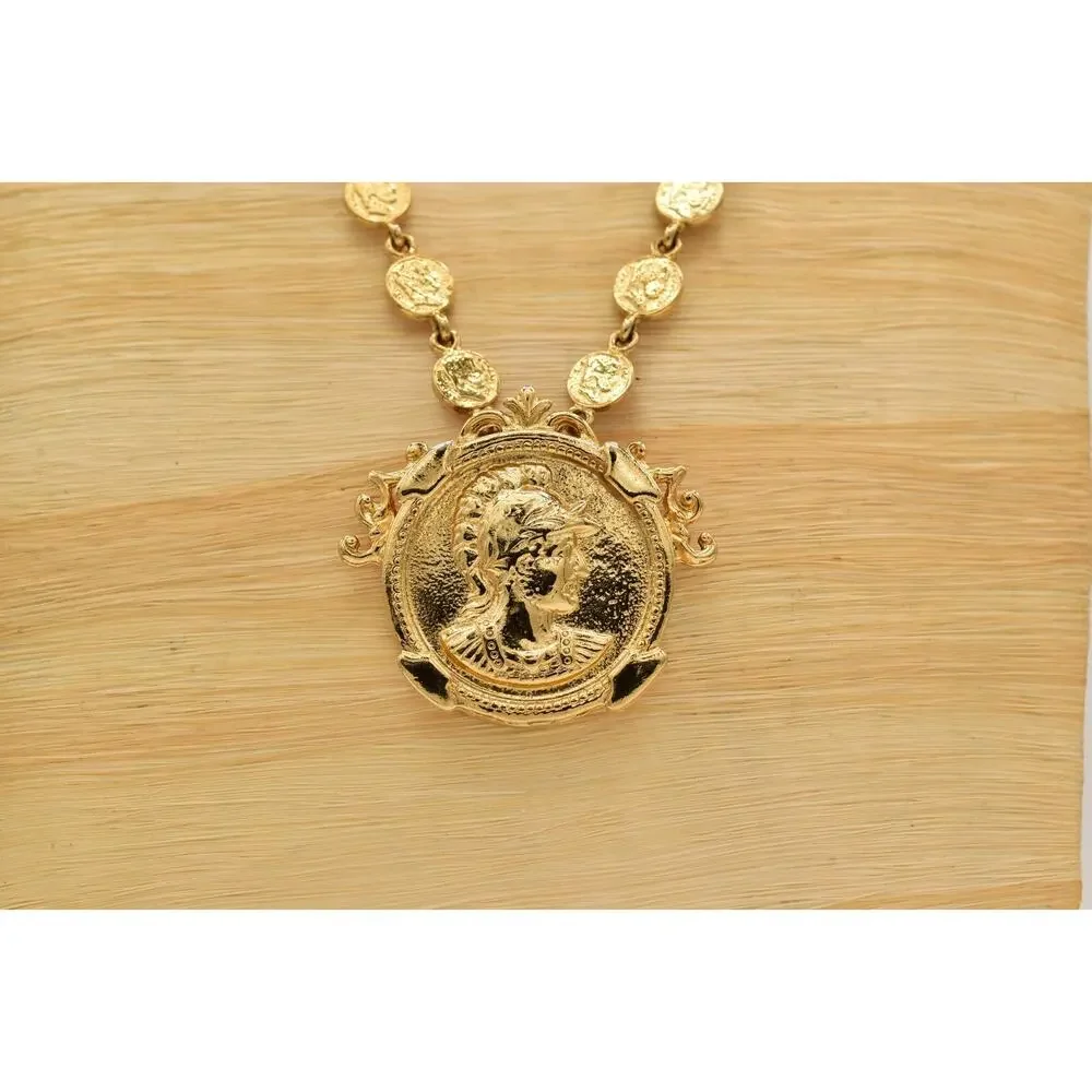 Vintage Open Bezel Crystal Coin Necklace Station Pearl Chain Gold 1980s BinBN